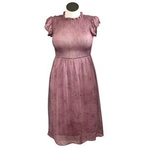 Sweet Rain Dusty Rose Floral Smocked Mock Neck Flutter Sleeve Midi Dress Large